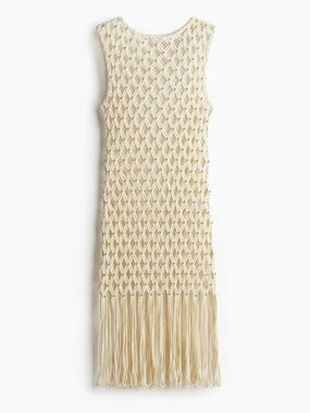 H&M FRINGE-NET KNIT DRESS with Silver Colored Beads At Front (cream) XL